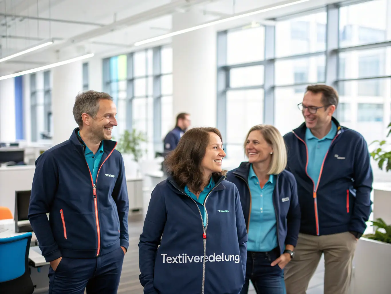 A professional office setting with employees wearing custom-branded Old Man T Shirts apparel, showcasing a cohesive and unified team image.