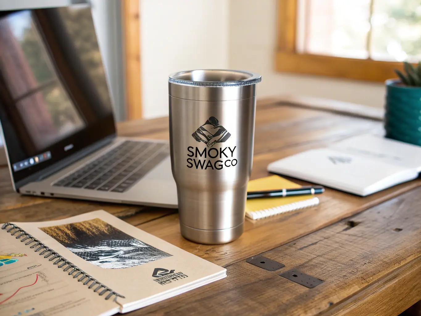 A mockup of a custom-designed promotional tumbler with the Old Man T Shirts logo, placed on a desk with office supplies, highlighting its use as a corporate gift.